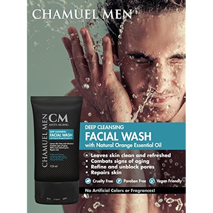 Chamuel Men ANTI-AGING DAILY FACE CLEANSER - DEEP CLEANING & EXFOLIATING FACE WASH FIGHTS ACNE & WRINKLES W/ORGANIC ROSE HIP, ALOE & GLYCOLIC ACID FOR OILY, DRY, SENSITIVE OR COMBINATION SKIN, 125ML. - Image 4